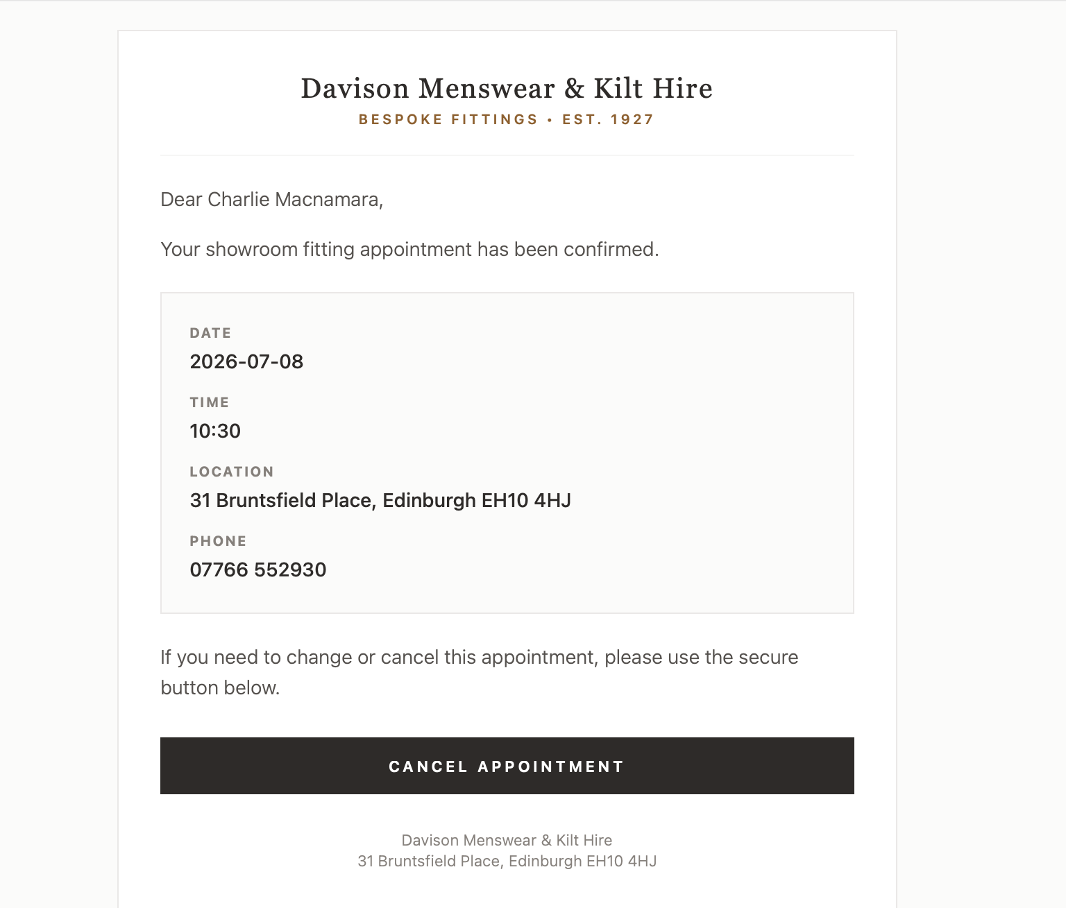 Branded booking confirmation email sent to the customer