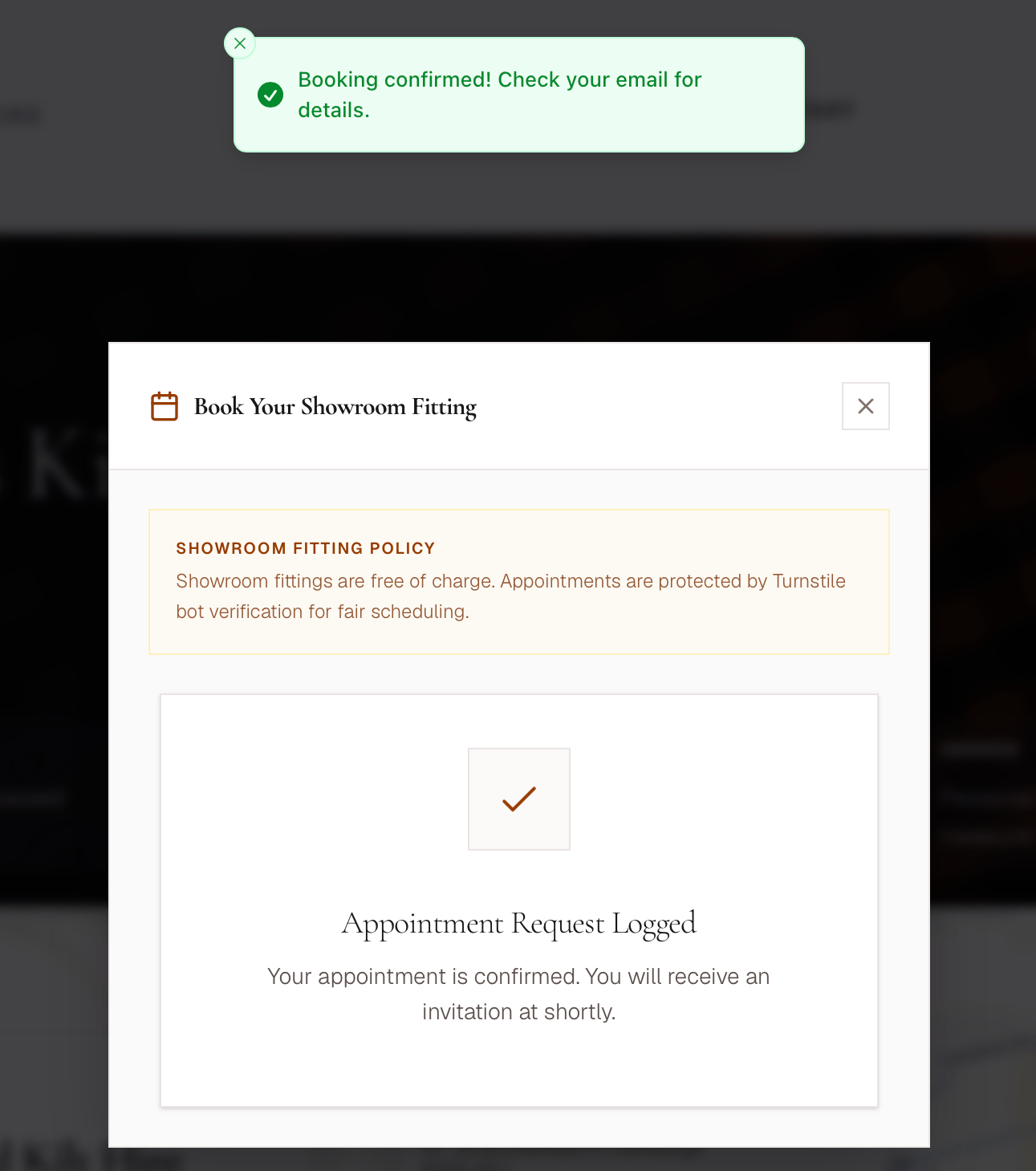 Booking confirmation screen showing the confirmed appointment