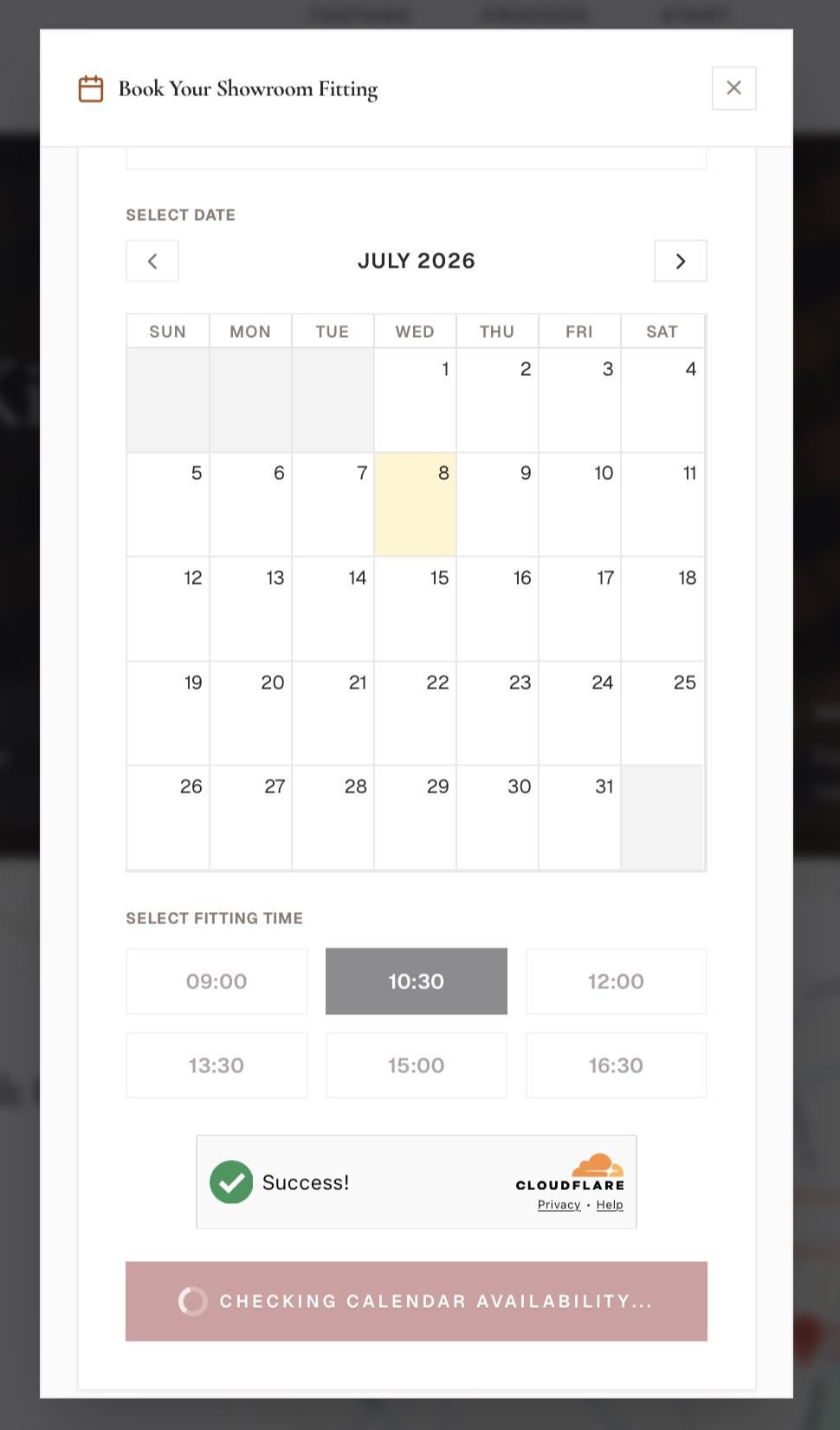 The booking form with date, time, and customer details fields