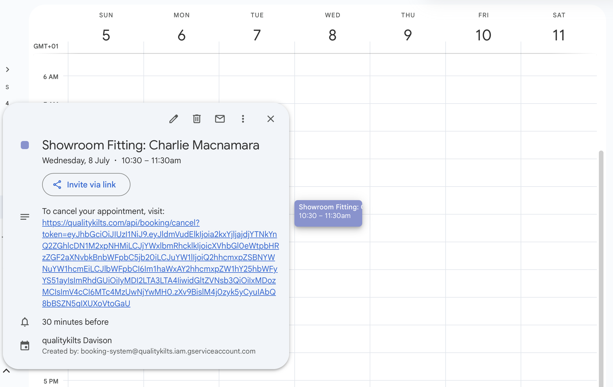 Google Calendar showing a booked fitting appointment